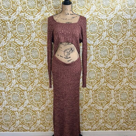 NWOT AFRM Skye Long Sleeve Cutout Waist Knit Midi Dress in Marled Port Royale XL - Picture 6 of 12